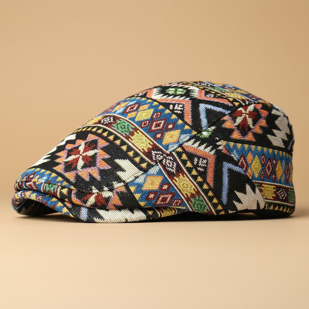 A close-up view of a structured, multi-colored geometric print beret cap in a classic flat style on a neutral background.