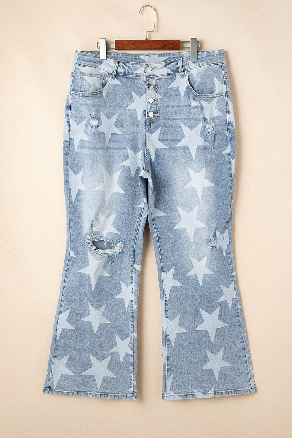 Sky Blue Star Print Destroyed Jeans with Multi-Button Slit Knee