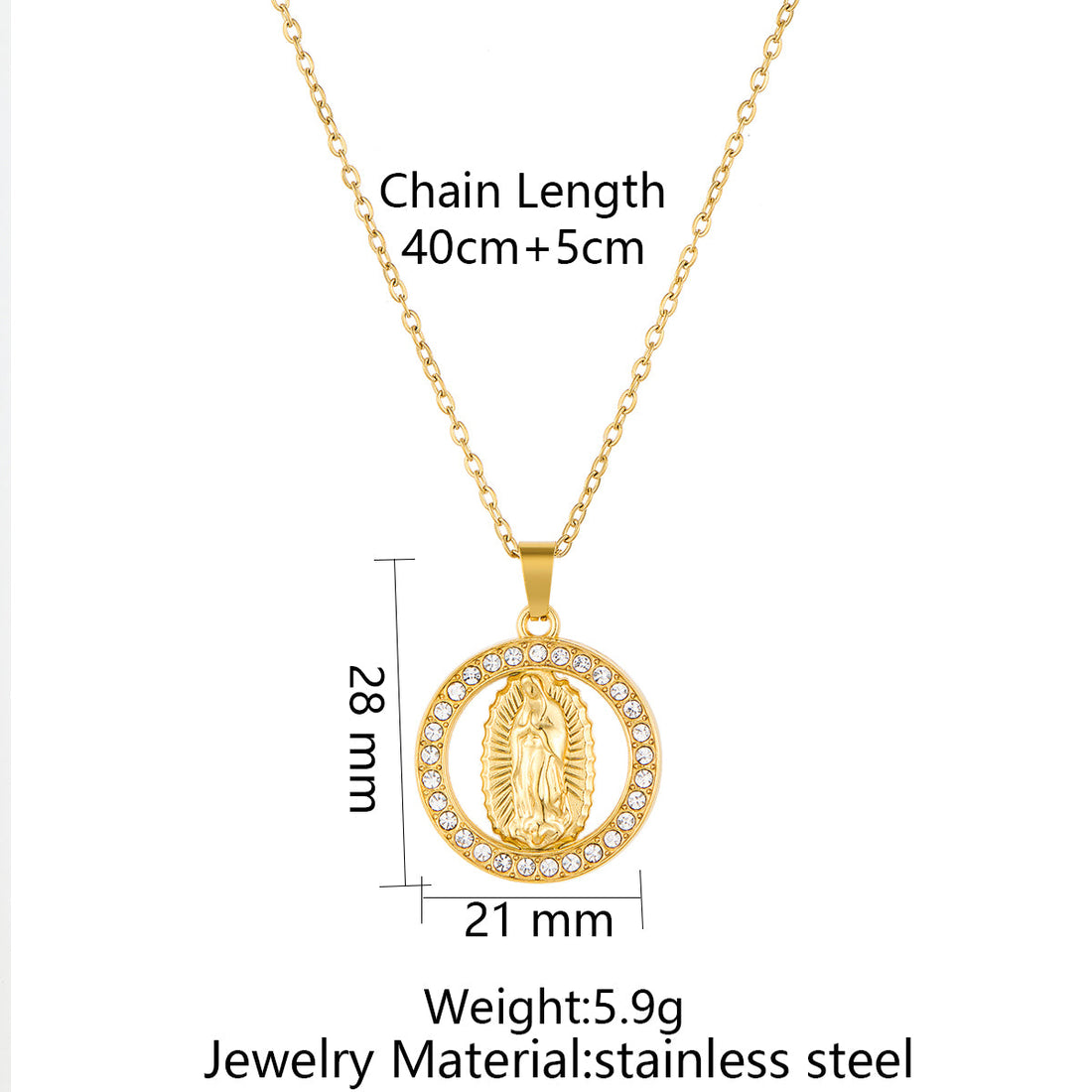 Virgin Mary Pendant Necklace with Rhinestone Inlay in Stainless Steel