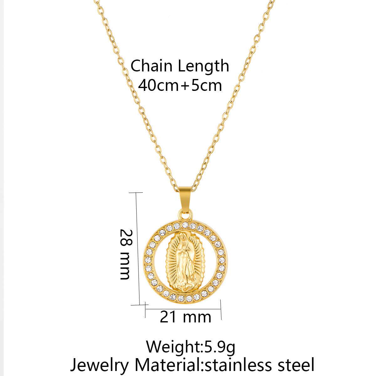 Virgin Mary Pendant Necklace with Rhinestone Inlay in Stainless Steel