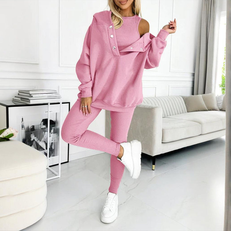 Women Solid Color Three Piece Set Hooded Sweatshirt Vest Pants - Image 11