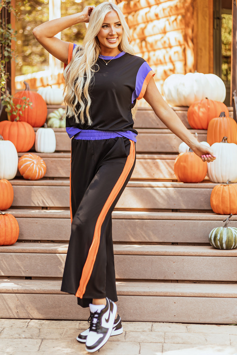 Colorblock Two Piece Set: Wide Leg Pants and Cap Sleeve Tee