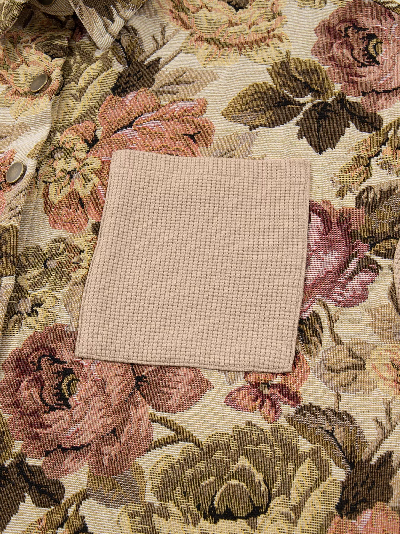 Floral Waffle Knit Patchwork Chest Pockets Buttoned Jacket
