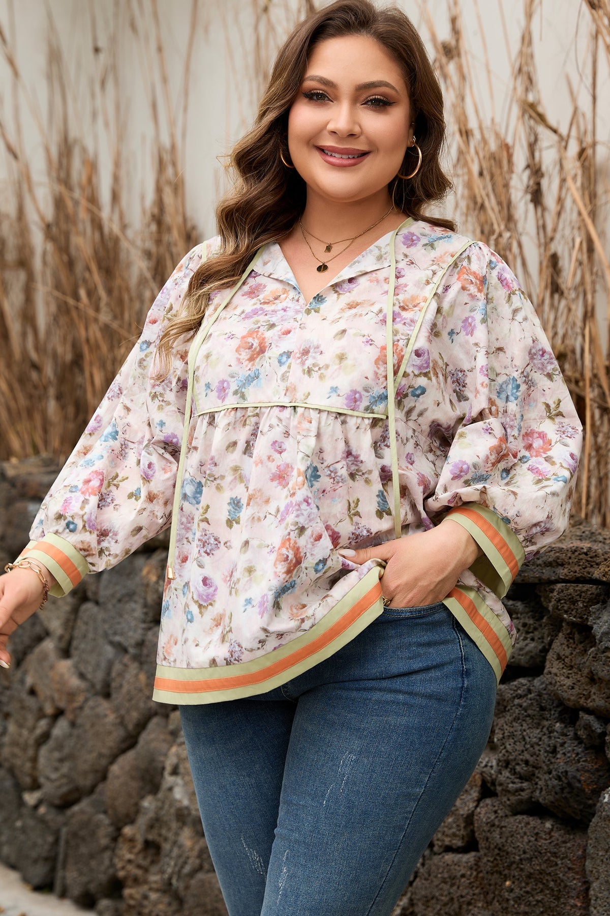 Plus Size Floral Stripe Contrast Trim Babydoll Blouse