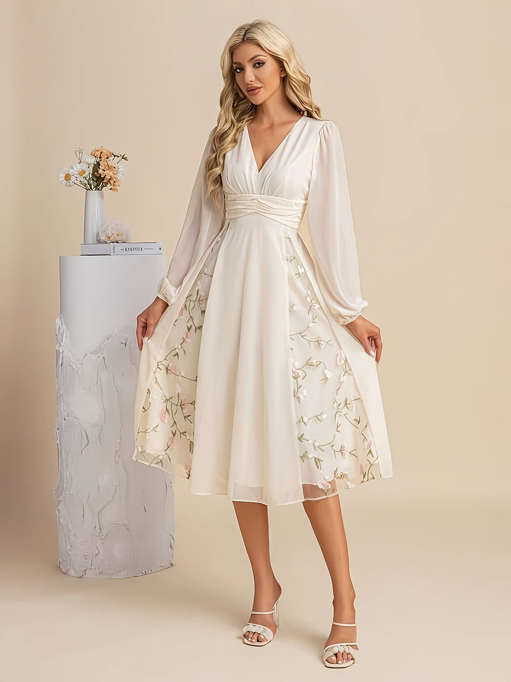 Floral Long Sleeve V-Neck Midi Dress with Pleated Flared Hem - Image 6