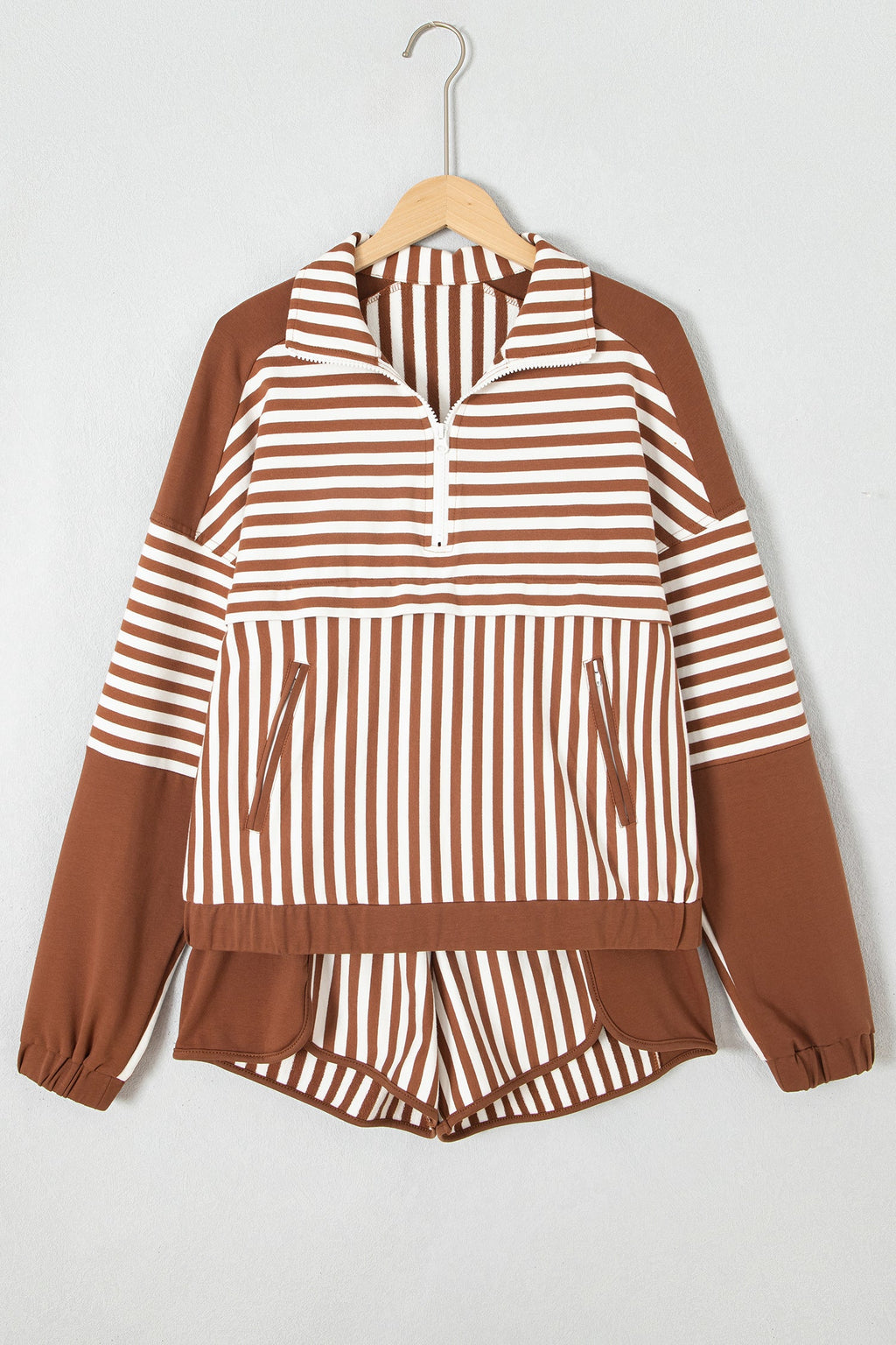 Stripe Patchwork Quarter Zip Sweatshirt & Shorts Set