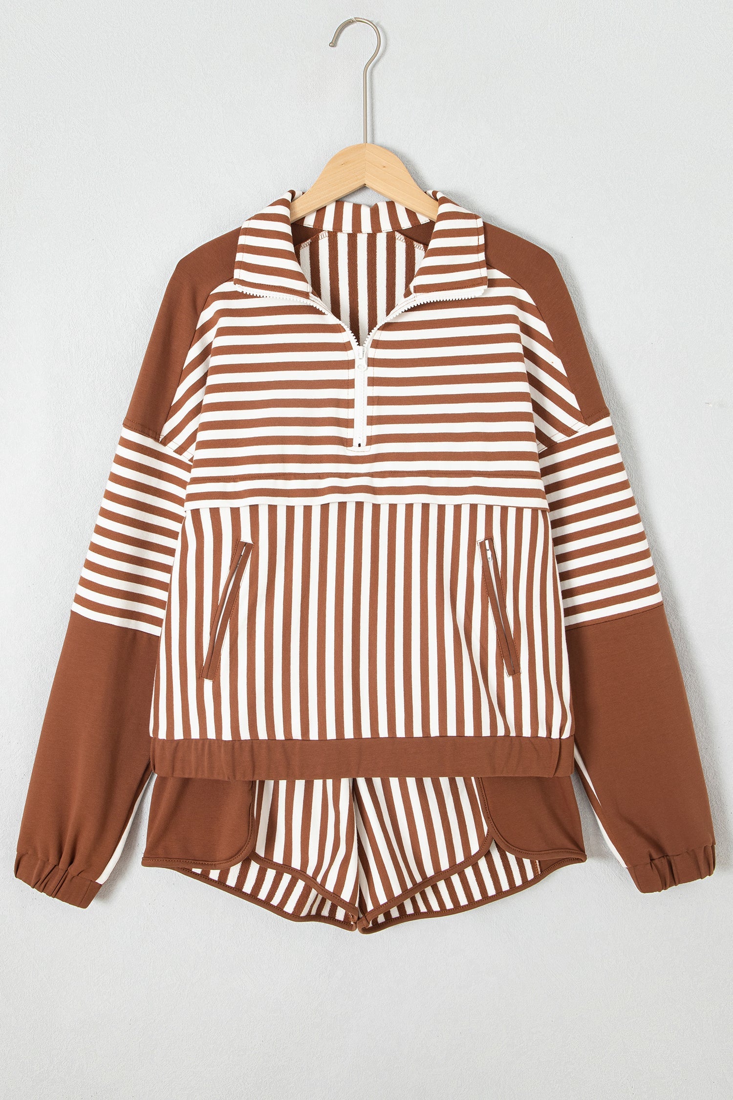 Stripe Patchwork Quarter Zip Sweatshirt & Shorts Set