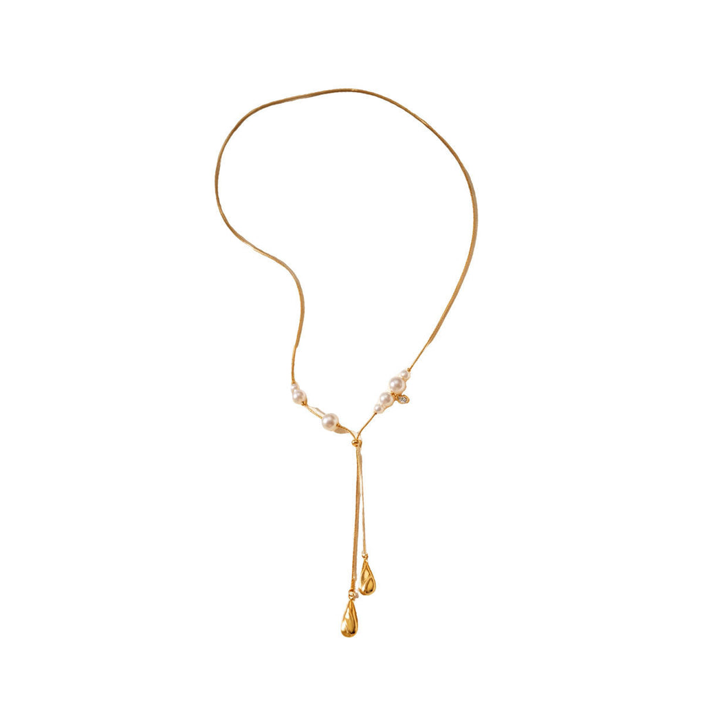 Women Dainty Snake Chain Y Lariat Faux Pearl Teardrop Drop Necklace, PVD Gold Plated Adjustable Layering Choker For Daily Wedding Gift