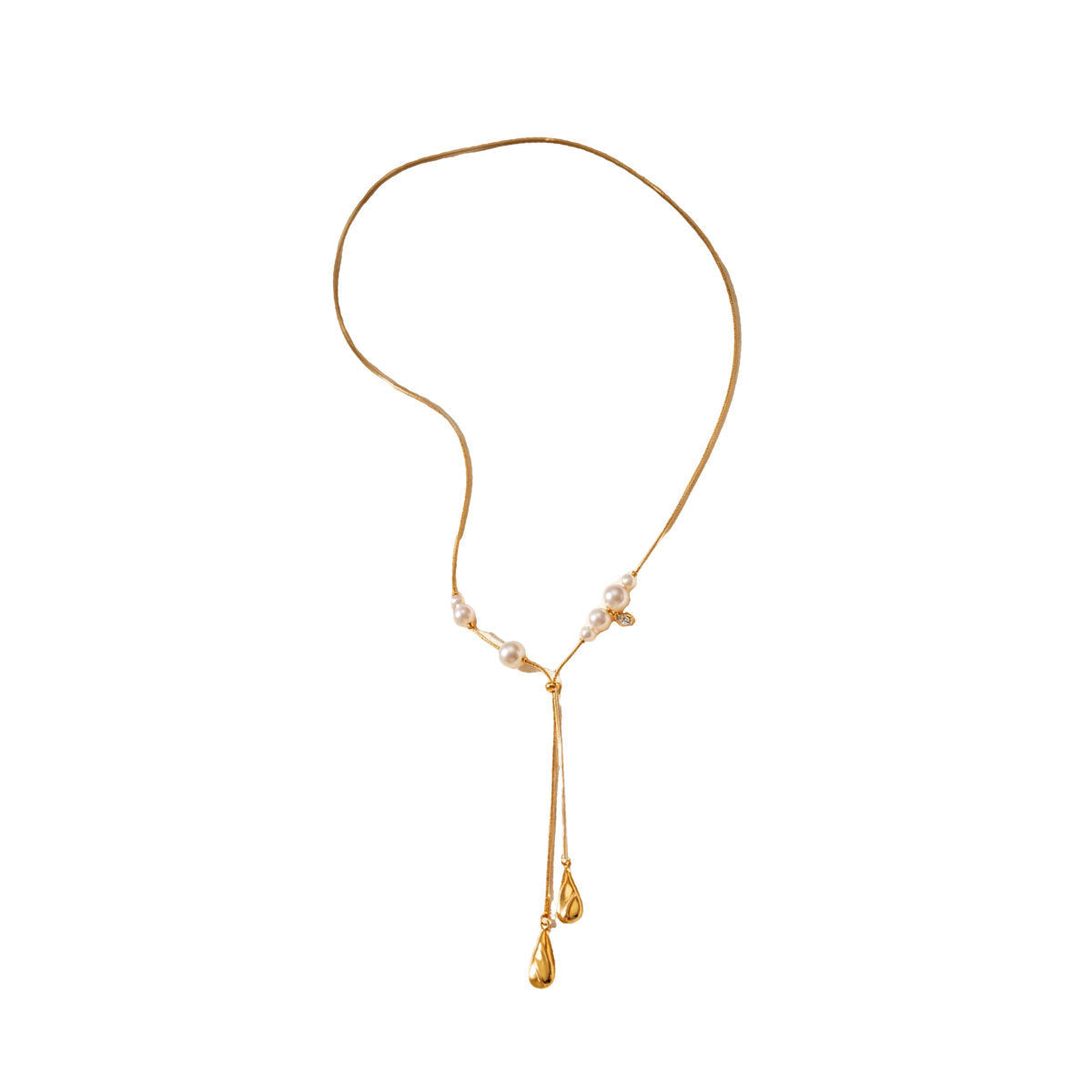 Women Dainty Snake Chain Y Lariat Faux Pearl Teardrop Drop Necklace, PVD Gold Plated Adjustable Layering Choker For Daily Wedding Gift
