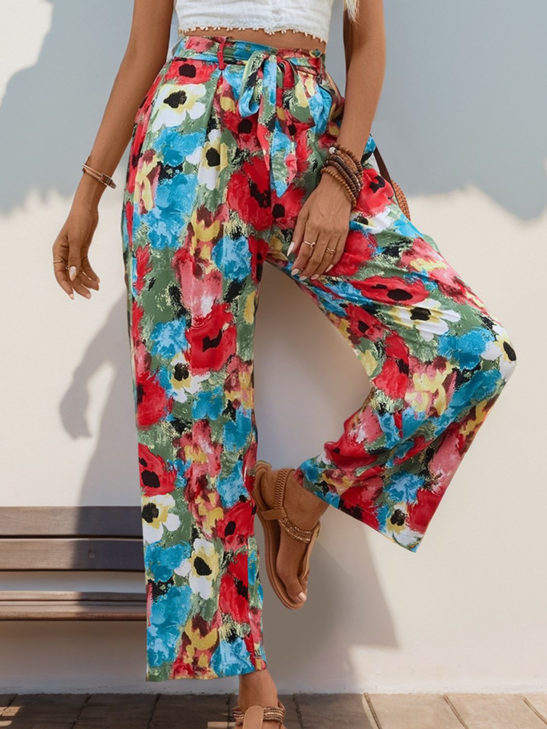 Women's Floral Print Wide Leg Tied Waist Pants - Image 4