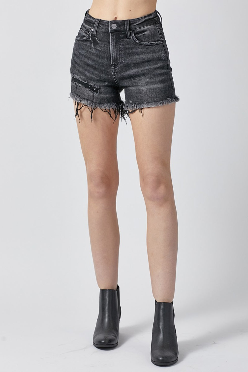 Washed Black Raw Hem Denim Shorts with Distressed Details - Image 4