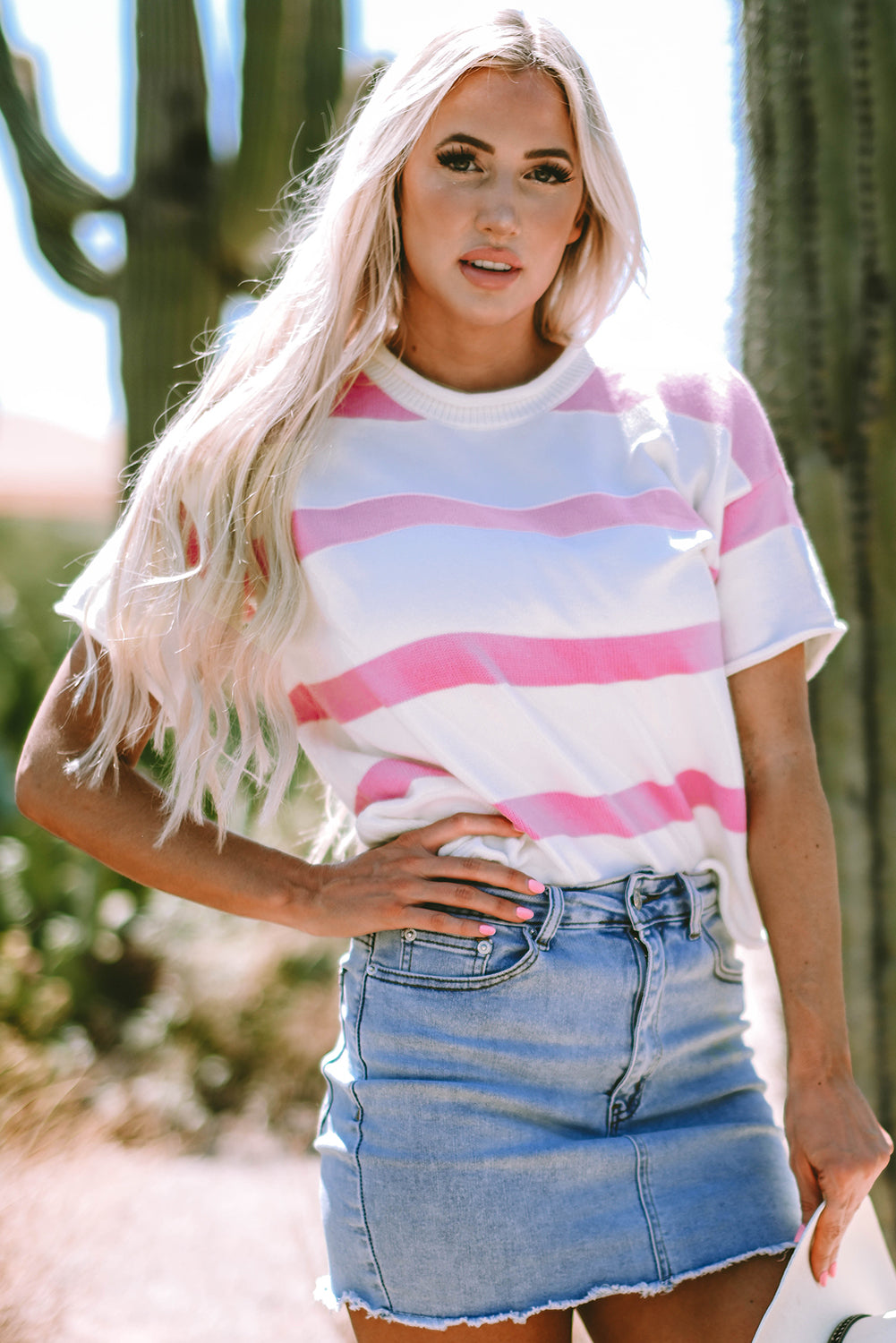 Stripe Knit Dropped Short Sleeve Sweater