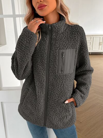 Fuzzy Zip-Up Long Sleeve Jacket Soft Plush Winter Outerwear