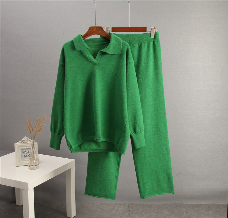 Women's Solid Color Lapel Sweater Two-Piece Co-ord Set - Image 8