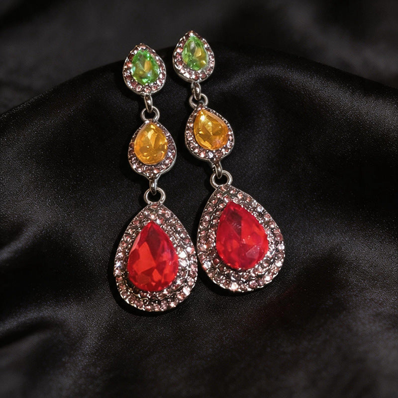 Water Drop Rhinestone Tassel Pendant Stud Earrings For Women,Palace Style Heavy Craft Exaggerated Fashion Jewelry