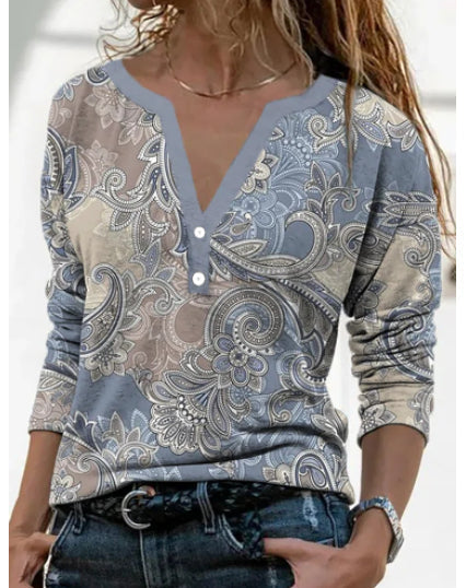 Women's Ethnic Print V-Neck Long Sleeve Henley T-Shirt - Image 9