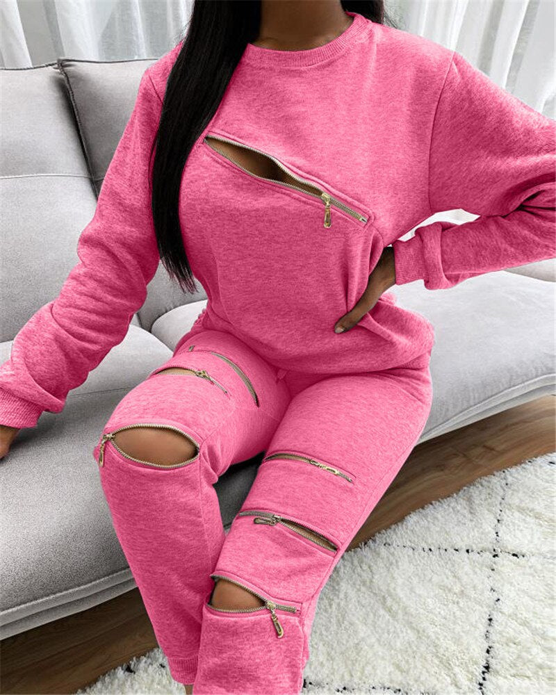 Fashionable Women's Casual Zip Hoodie Set (Two Pieces)