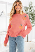 Women's Pumpkin Embroidered Thanksgiving Crew Neck Knit Sweater