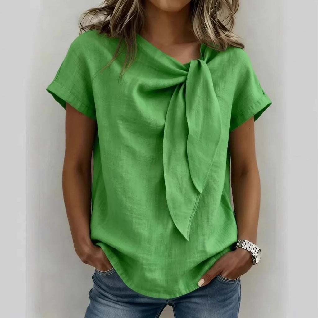 Women's Short Sleeve Tie Neck Blouse in Yellow and Beige