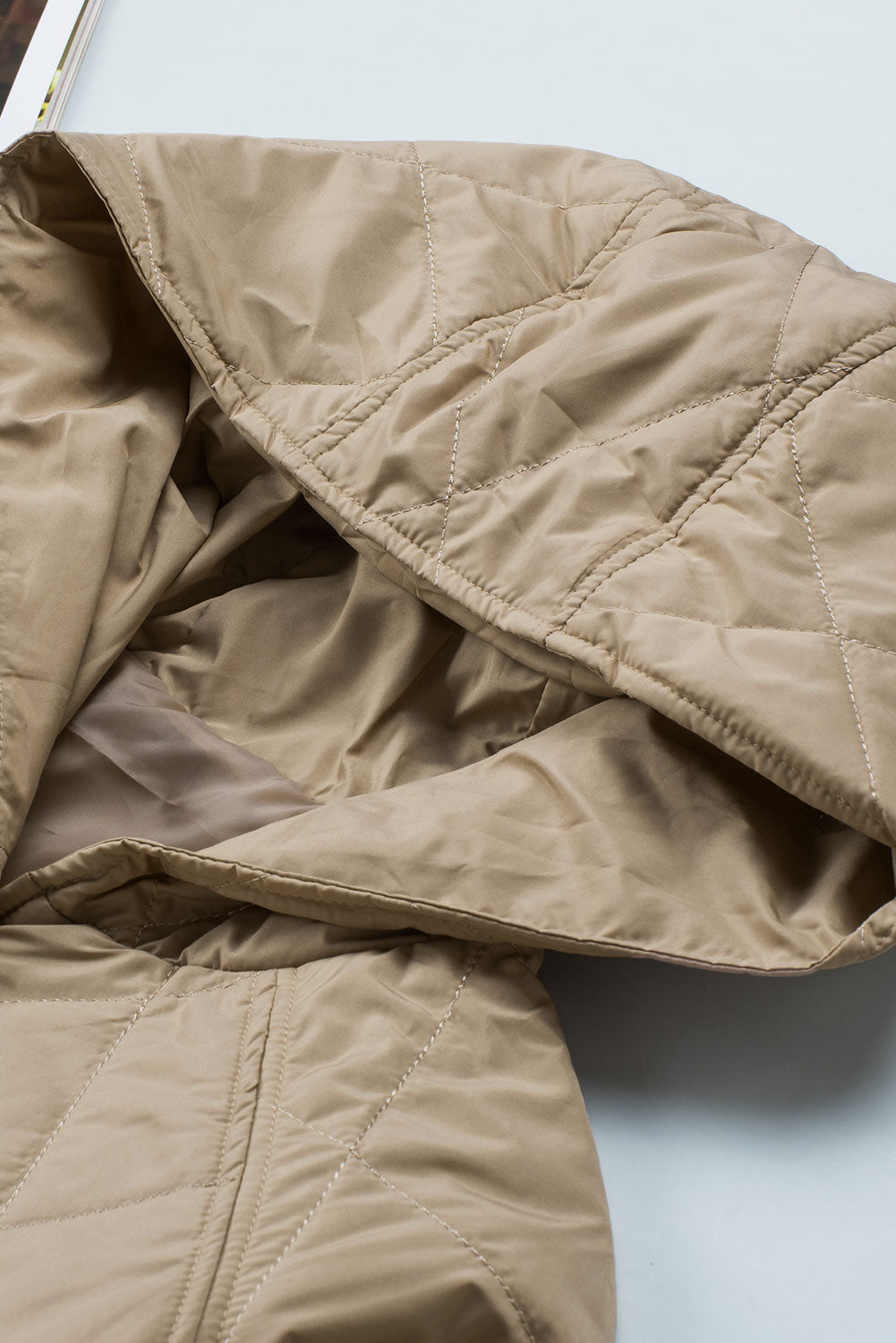 Women's Solid Quilted Snap Button Hooded Puffer Coat in Beige Khaki