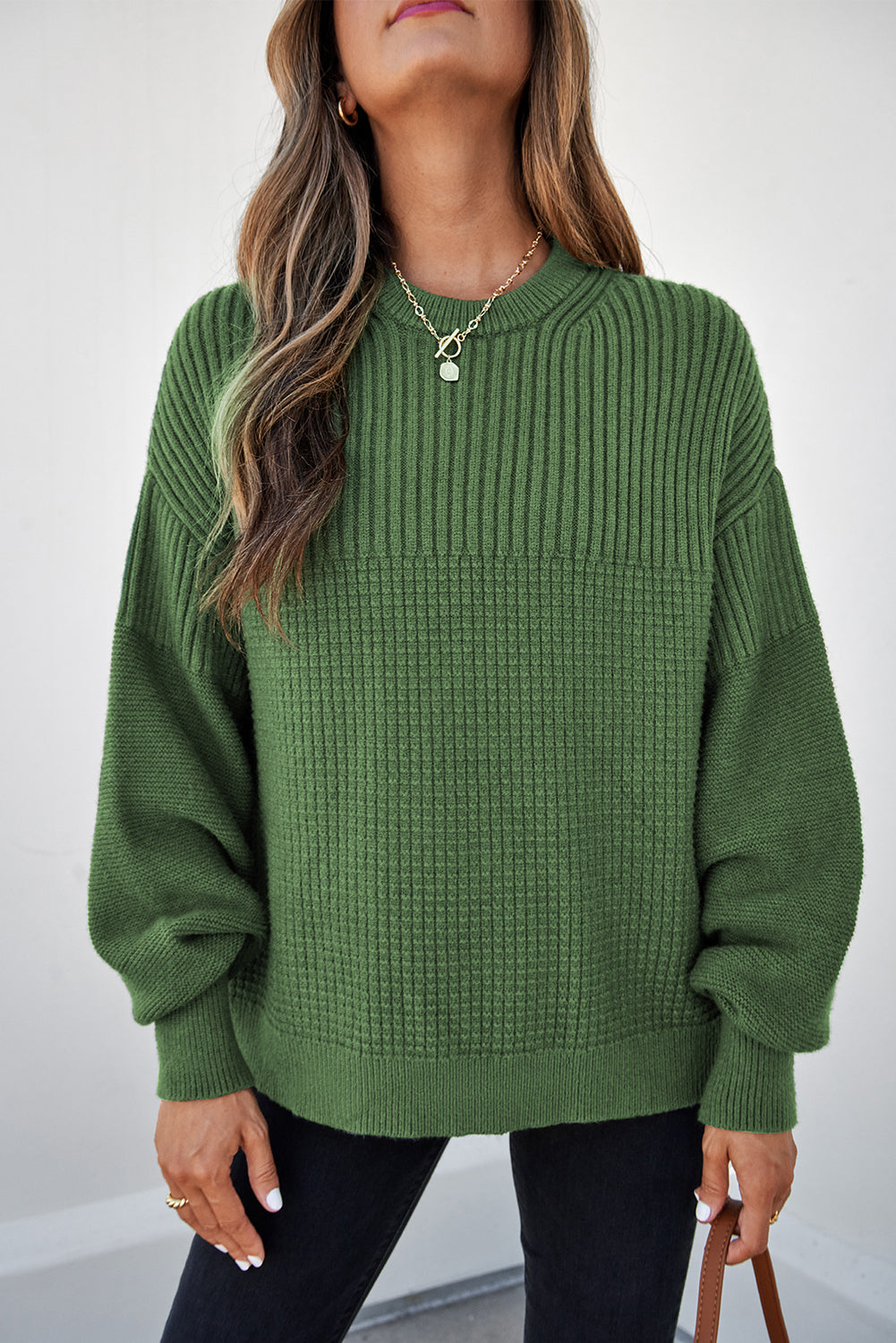 Vineyard Green Mixed Texture Knitted Crew Neck Sweater