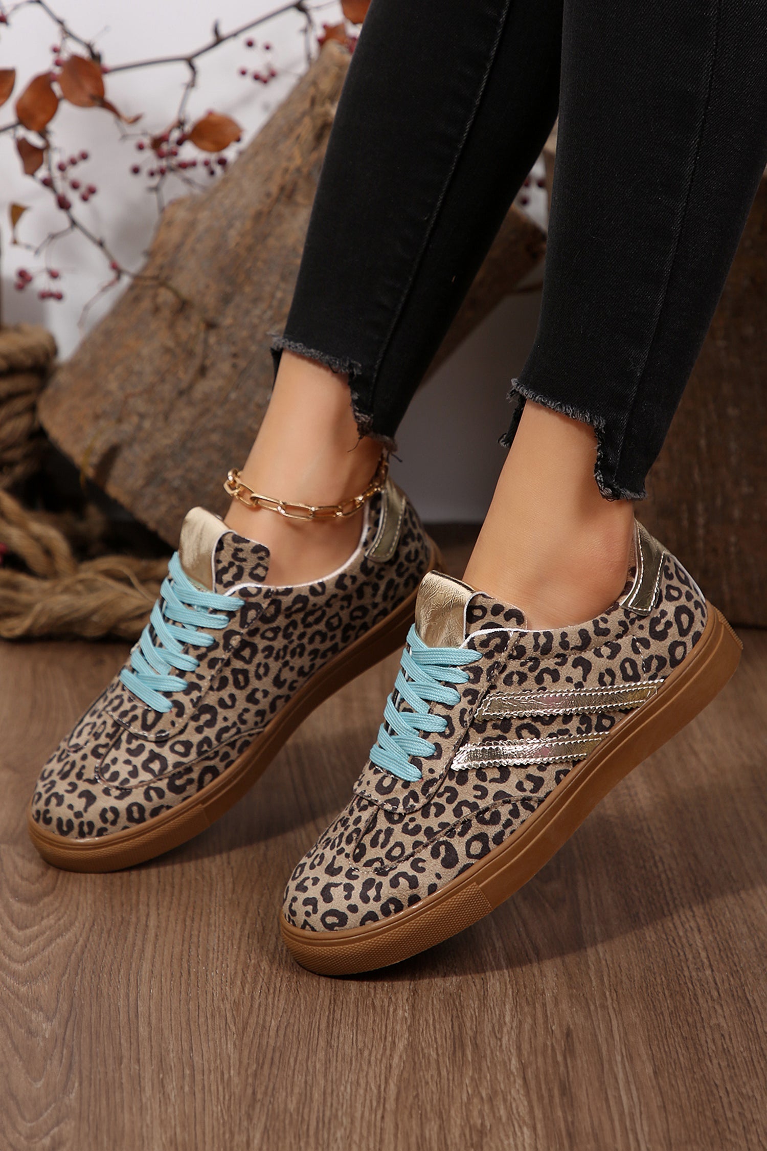 Coffee Faux Suede Leopard Print Sleek PU Leather Detail Lace Up Sneakers