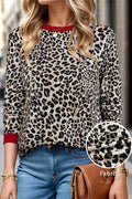 Brown Leopard Print Contrast Trim Round Neck Long Sleeve Top