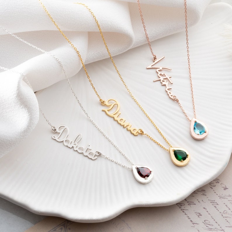 Personalized Cursive Name Necklace with Custom Birthstone Charm