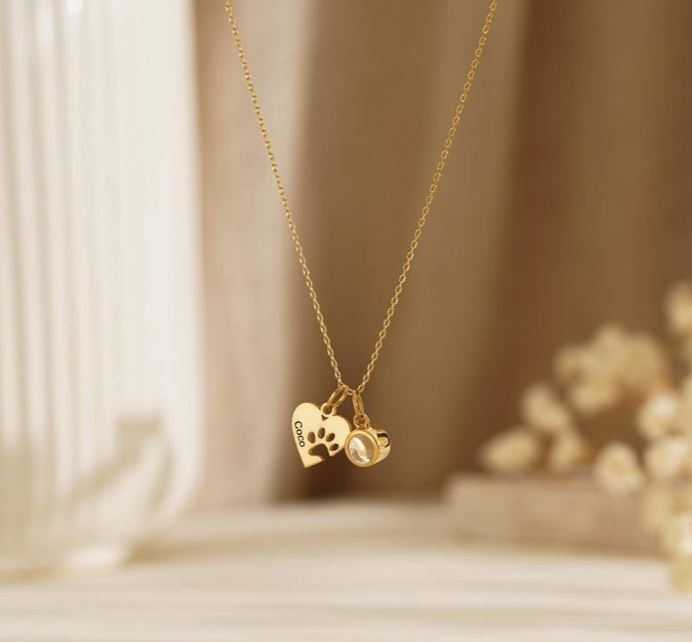 Personalized Gold Heart and Paw Print Photo Custom Necklace