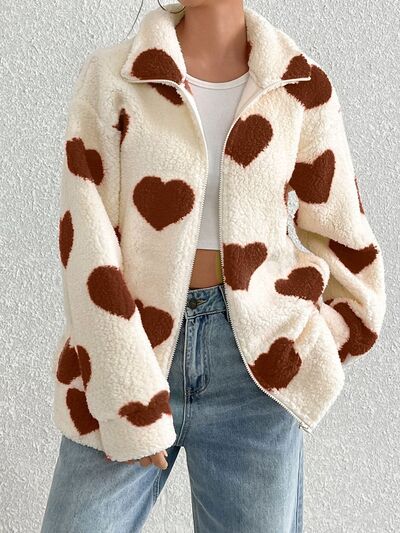 Women's Heart Zip Up Faux Fur Jacket Y2K Streetwear Fluffy Coat