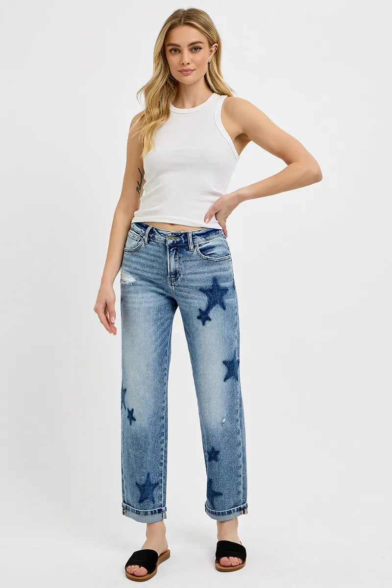 Mid Rise Boyfriend Star Shadow Detail Cuffed Jeans