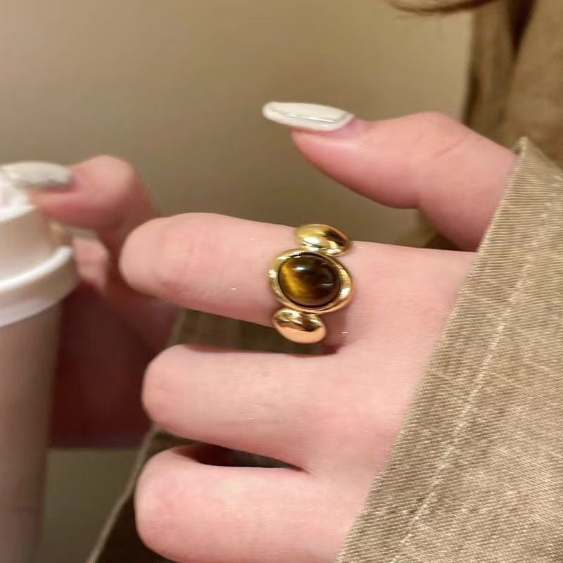 Vintage Tiger Eye Open Ring, Dainty Gold Plated Statement Band, Boho Stackable Finger Ring For Women