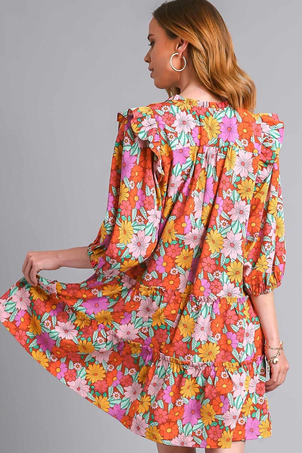 Floral Print Tiered Mini Dress with Tie Neck