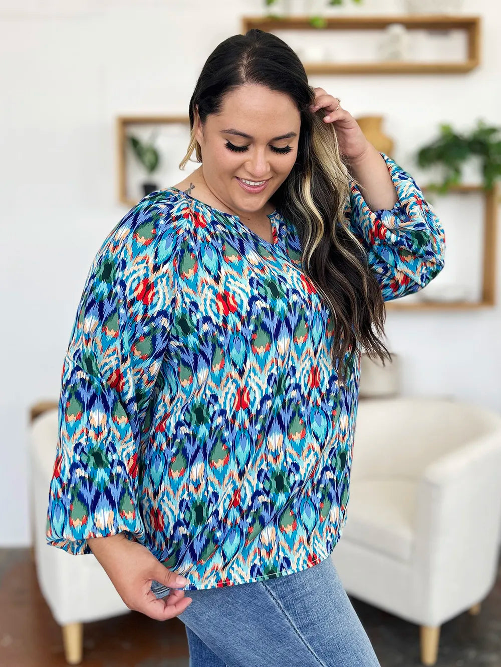 Printed Balloon Sleeve Blouse | Geometric V-Neck Chiffon Top