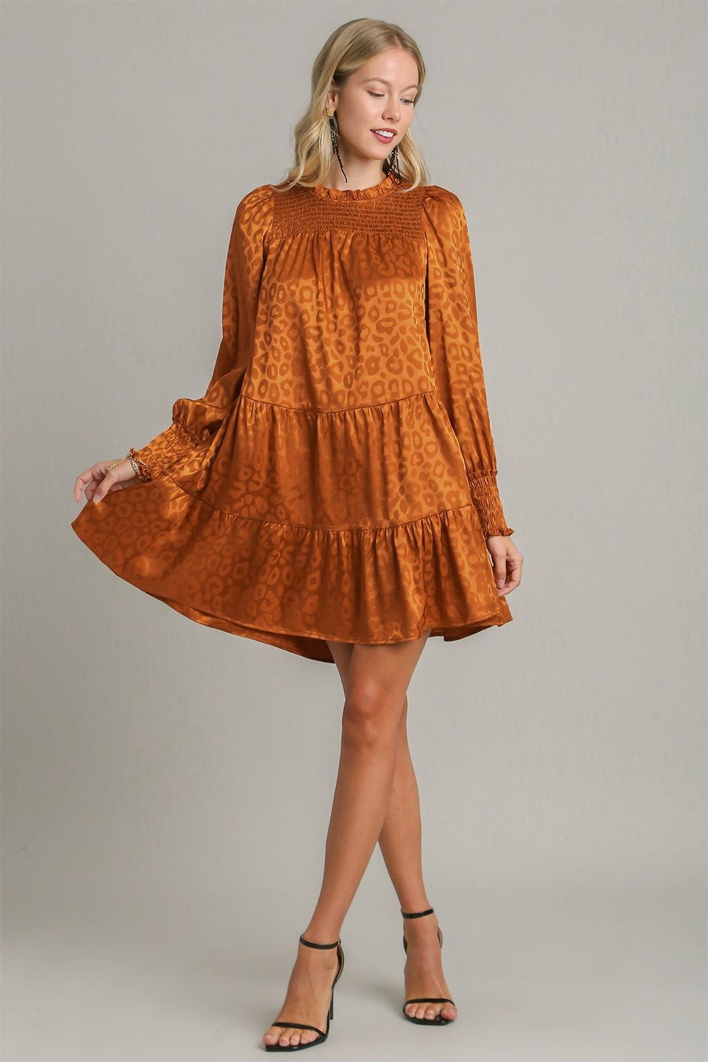 Smocked Leopard Print Long Sleeve Tiered Dress