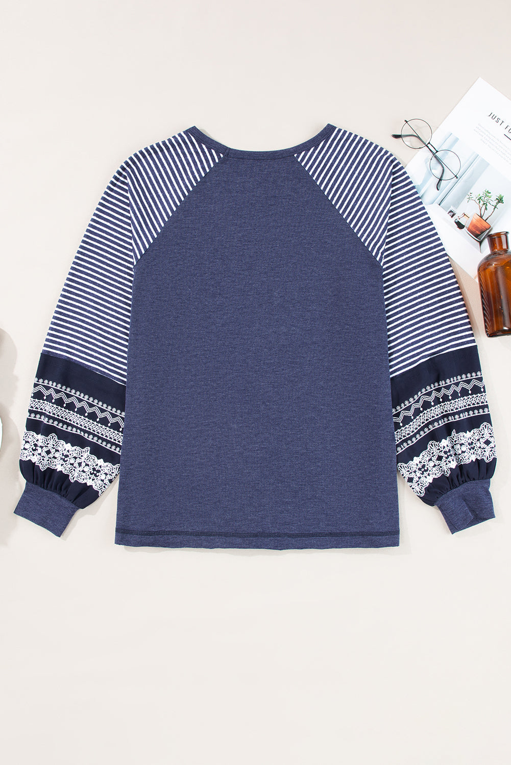 Women Burgundy Striped Raglan Long Sleeve Loose Fit Casual Top