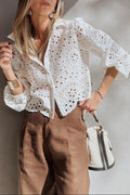 Eyelet Embroidered Puff Sleeve Cropped Cotton Shirt
