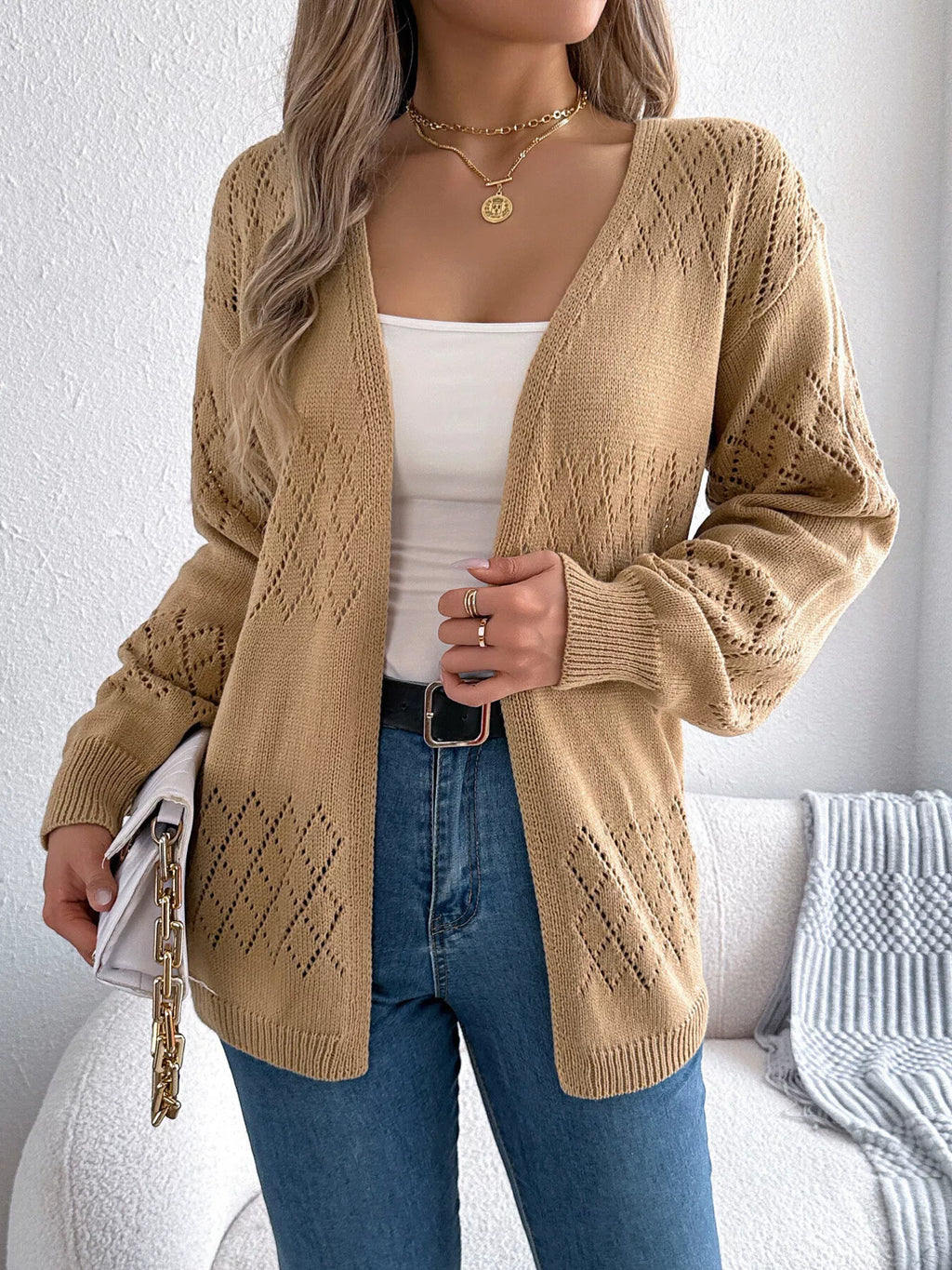 Openwork Open Front Long Sleeve Cardigan