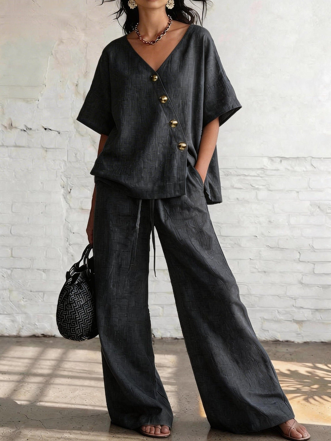 Women's V-Neck Cotton-Linen Top and Wide-Leg Pants Set - Image 7