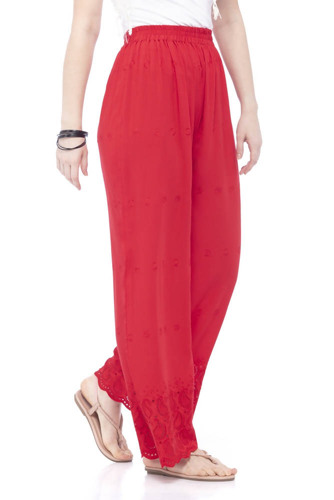 Women's Red Rayon Cotton Embroidered Chikan Palazzo Pants