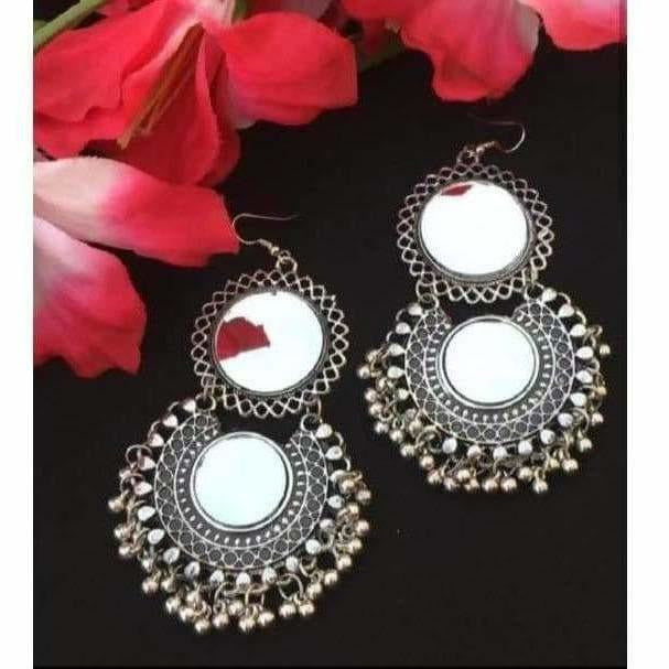 Oxidized mirror earrings with elegant hanging drops for party and evening wear.