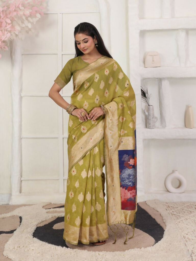 Mhendi Green Linen Cotton Saree with Matching Blouse Piece