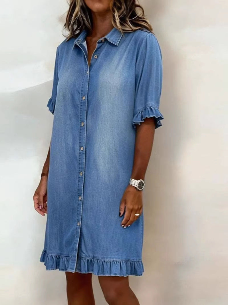 Women's Blue Faux Denim Ruffle Sleeve Casual Shirt Dress - Image 7
