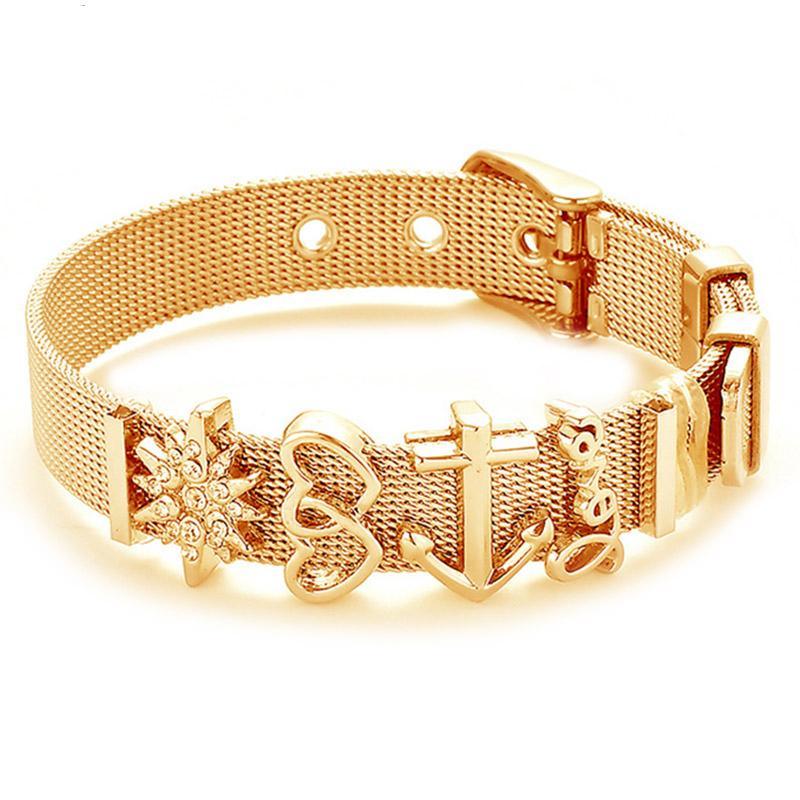 18K gold Italian mesh bracelet with crystal heart and anchor charm