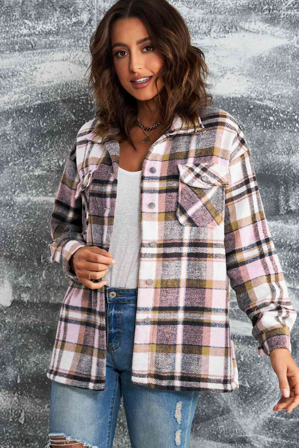 Women's Classic Plaid Button Front Shirt Jacket