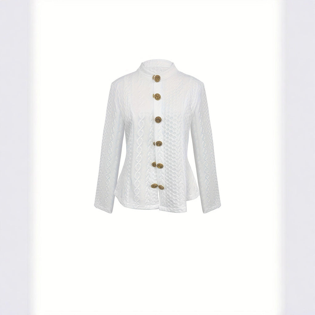 Women's Textured Stand Collar Jacket with Gold Button Details - Image 4