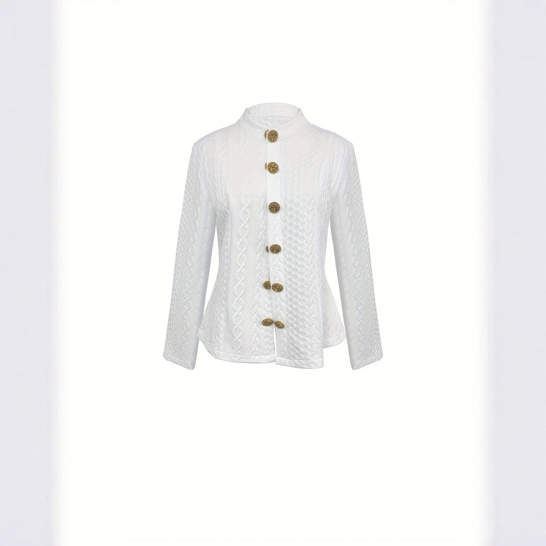 Women's Textured Stand Collar Jacket with Gold Button Details - Image 4