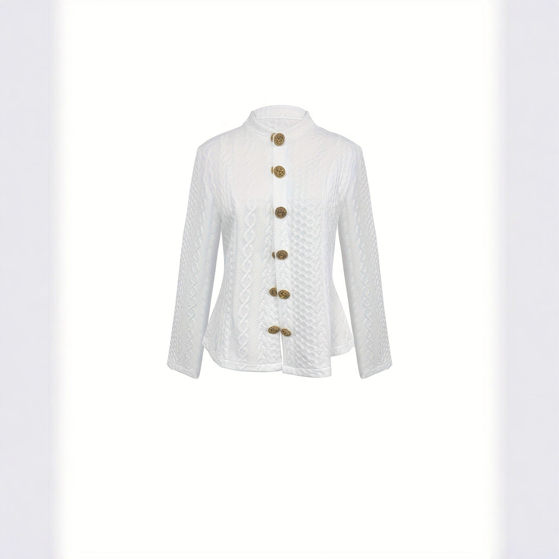Women's Textured Stand Collar Jacket with Gold Button Details - Image 4