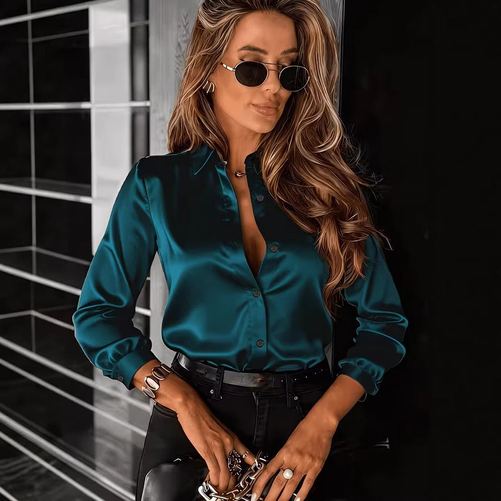 Women's Satin Button-Down Long Sleeve Shirt - Image 3