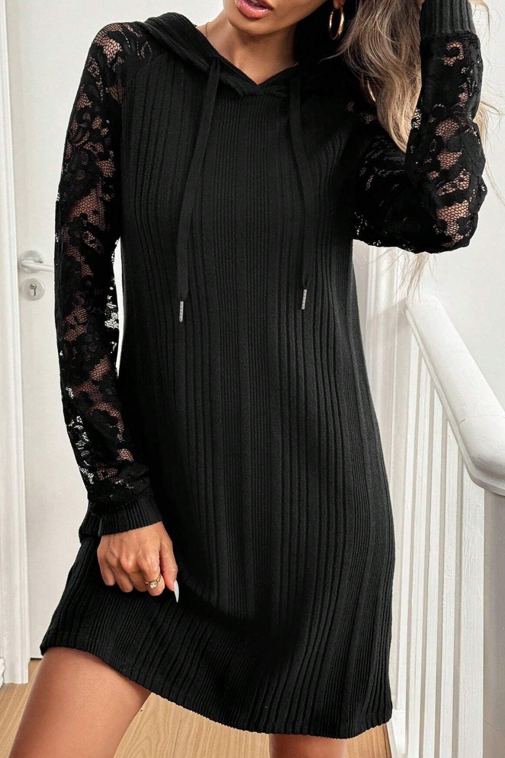 Black Long Sleeve Hooded Mini Dress with Lace Detail